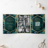 ティール（緑がかった色）金ゴールド抽象芸術流体インクQRコード結婚s 三つ折り招待状 (内部)