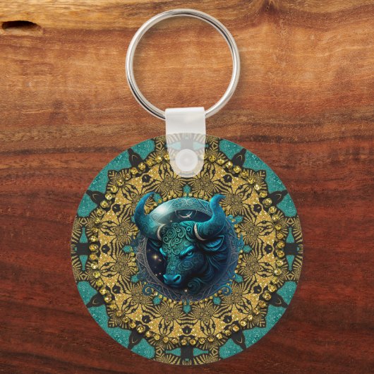 ティール（緑がかった色）+金ゴールド星占い肯定タウロス〔占星術の〕十二宮図 キーホルダー (裏面)