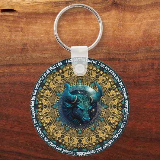 ティール（緑がかった色）+金ゴールド星占い肯定タウロス〔占星術の〕十二宮図 キーホルダー (正面)