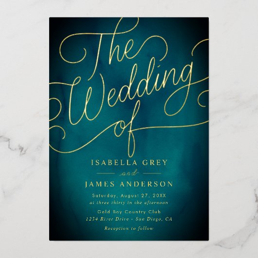 ティール（緑がかった色）金ゴールド書結婚文字 箔招待状 (正面)