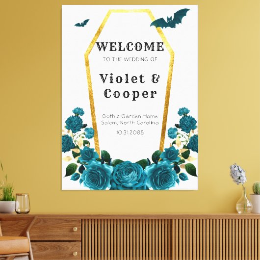 ティール(緑がかった色)金ゴールド棺フローラ結婚のウェルカムサイン キャンバスプリント (インサイチュ (リビング))