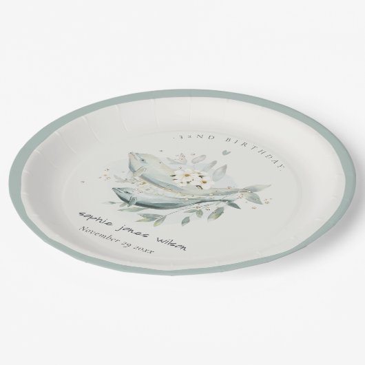 ティール(緑がかった色)金ゴールド水中フローラフィッシュ任意の年齢誕生日 ペーパープレート (アングル)