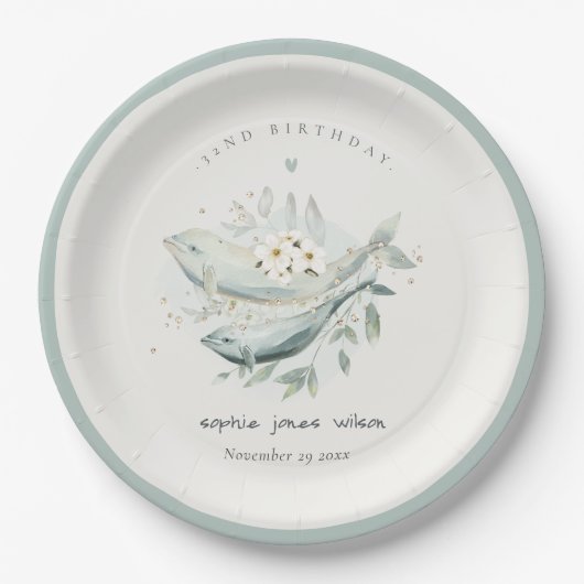 ティール（緑がかった色）金ゴールド水中フローラフィッシュ任意の年齢誕生日 ペーパープレート (正面)