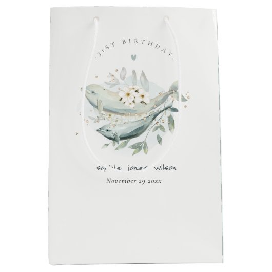 ティール（緑がかった色）金ゴールド水中フローラフィッシュ任意の年齢誕生日 ミディアムペーパーバッグ (正面)