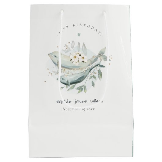 ティール（緑がかった色）金ゴールド水中フローラフィッシュ任意の年齢誕生日 ミディアムペーパーバッグ (裏面)