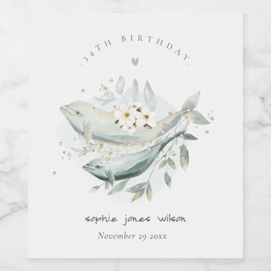 ティール（緑がかった色）金ゴールド水中フローラフィッシュ任意の年齢誕生日 ワインラベル (シングルラベル)