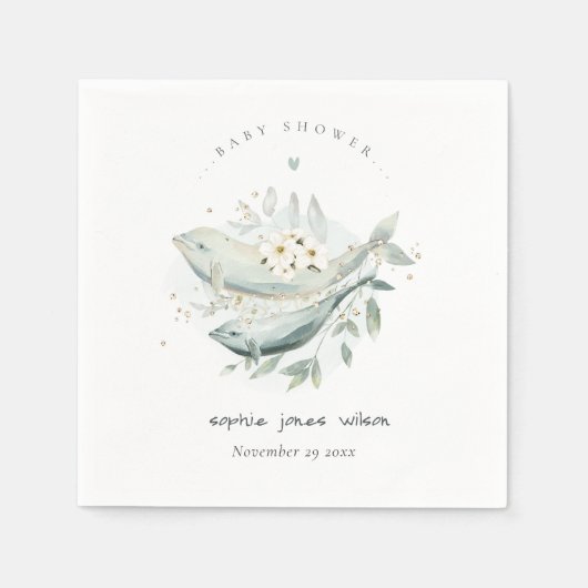 ティール（緑がかった色）金ゴールド水中フローラ鯨魚ベビーシャワー スタンダードカクテルナプキン (正面)