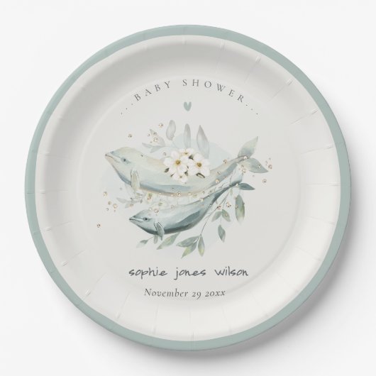 ティール（緑がかった色）金ゴールド水中フローラ鯨魚ベビーシャワー ペーパープレート (正面)