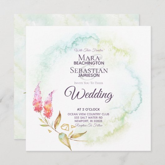 ～ティール（緑がかった色）金ゴールド水彩エレガントフローラ結婚 招待状 (正面/裏面)