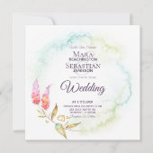 ～ティール（緑がかった色）金ゴールド水彩エレガントフローラ結婚 招待状 (正面)