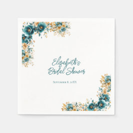 ティール（緑がかった色）金ゴールド水彩フローラブライダルシャワー スタンダードカクテルナプキン