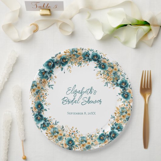 ティール(緑がかった色)金ゴールド水彩フローラブライダルシャワー ペーパープレート (ウェディング)