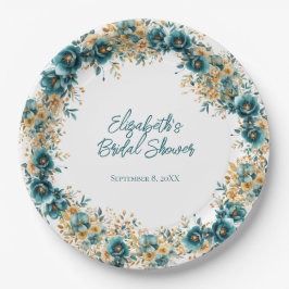 ティール（緑がかった色）金ゴールド水彩フローラブライダルシャワー ペーパープレート