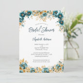 ティール（緑がかった色）金ゴールド水彩フローラブライダルシャワー 招待状 (スタンド正面)
