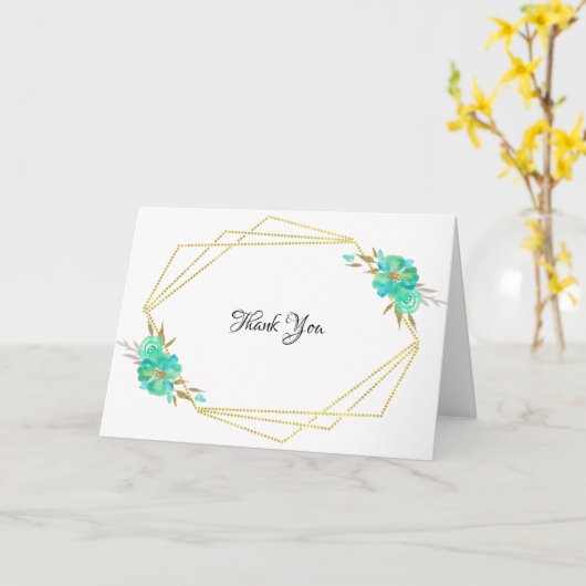 ティール（緑がかった色）金ゴールド水彩フローラ幾何学感謝 カード (黄色い花)