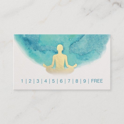 ティール（緑がかった色）金ゴールド水彩ヨガインストラクターロイヤリティパンチ ロイヤリティカード (正面)