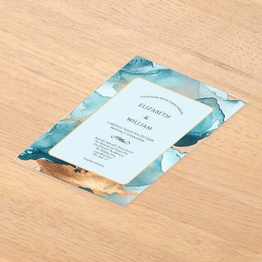 ティール（緑がかった色）金ゴールド水色アルコールイモダンンク結婚ズ アクリル招待状 (レイダウン)