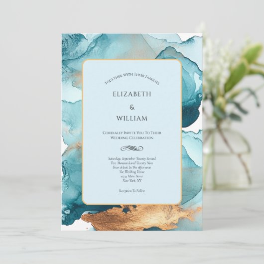 ティール(緑がかった色)金ゴールド水色アルコールイモダンンク結婚ズ 招待状 (スタンド正面)