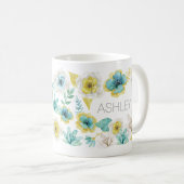 ティール（緑がかった色）金ゴールド水色フローラ名ギフトマグ コーヒーマグカップ (正面右)