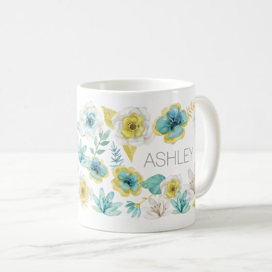 ティール（緑がかった色）金ゴールド水色フローラ名ギフトマグ コーヒーマグカップ (正面右)