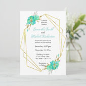 ティール（緑がかった色）金ゴールド水色フローラ幾何ドット 招待状 (スタンド正面)