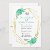 ティール（緑がかった色）金ゴールド水色フローラ幾何ドット 招待状 (正面/裏面)