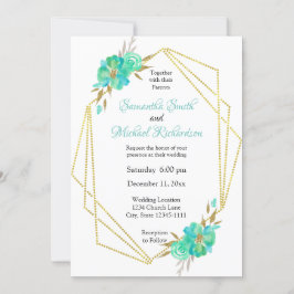ティール(緑がかった色)金ゴールド水色フローラ幾何ドット 招待状