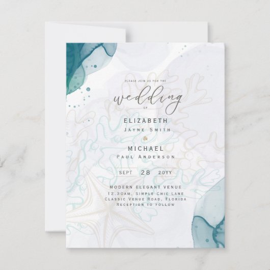 ティール（緑がかった色）金ゴールド海ライフビーチティール（緑がかった色）結婚式招待状 招待状 (正面)