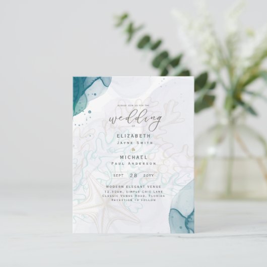 ティール（緑がかった色）金ゴールド海ライフビーチティール（緑がかった色）結婚式招待状 招待状 (スタンド正面)