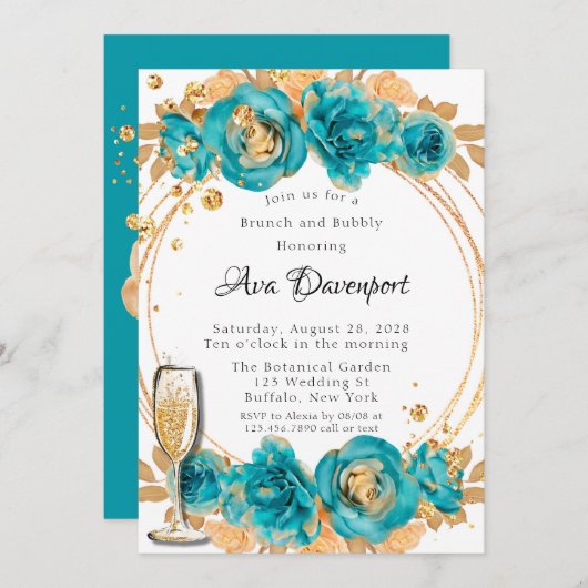 ティール(緑がかった色)金ゴールド牡丹ジオメトリックブランチとバブリー 招待状 (正面/裏面)