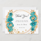ティール（緑がかった色）金ゴールド牡丹結婚幾何サンキューカード 招待状 (正面)