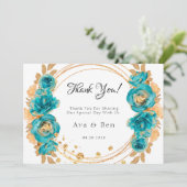 ティール(緑がかった色)金ゴールド牡丹結婚幾何サンキューカード 招待状 (スタンド正面)
