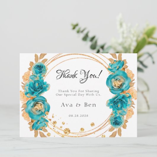 ティール（緑がかった色）金ゴールド牡丹結婚幾何サンキューカード 招待状 (スタンド正面)