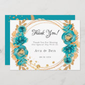ティール(緑がかった色)金ゴールド牡丹結婚幾何サンキューカード 招待状 (正面/裏面)