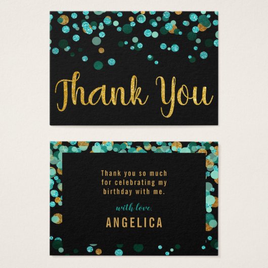 ティール(緑がかった色)金ゴールド紙吹雪ブラック誕生日ありがとう (正面&裏面)