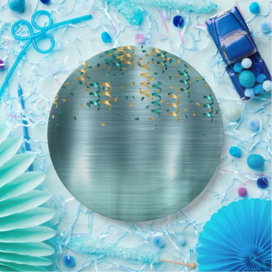 ティール（緑がかった色）金ゴールド紙吹雪誕生日 ペーパープレート (パーティー)