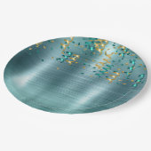 ティール（緑がかった色）金ゴールド紙吹雪誕生日 ペーパープレート (アングル)