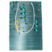 ティール（緑がかった色）金ゴールド紙吹雪誕生日 ミディアムペーパーバッグ (正面)