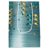 ティール（緑がかった色）金ゴールド紙吹雪誕生日 ミディアムペーパーバッグ (裏面)