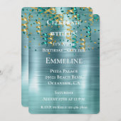 ティール(緑がかった色)金ゴールド紙吹雪誕生日 招待状 (正面/裏面)