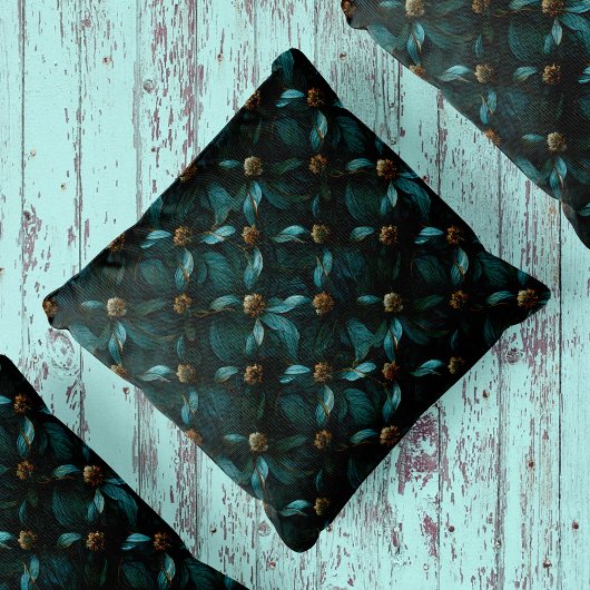 ティール(緑がかった色)金ゴールド花柄 クッション