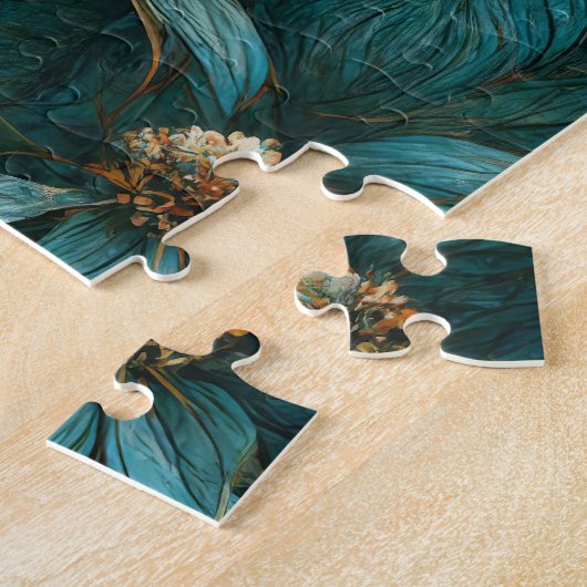 ティール（緑がかった色）金ゴールド花柄 ジグソーパズル (側面)