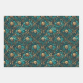 ティール(緑がかった色)金ゴールド花柄 ラッピングペーパーシート (正面3)