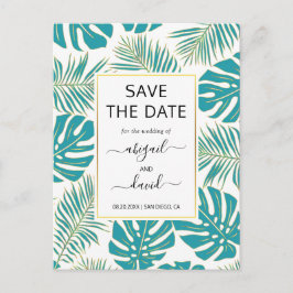 ティール（緑がかった色）、金ゴールド葉熱帯結婚式の日付を保存 案内ポストカード