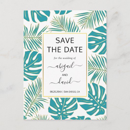ティール(緑がかった色)、金ゴールド葉熱帯結婚式の日付を保存 案内ポストカード (正面)