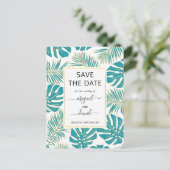 ティール(緑がかった色)、金ゴールド葉熱帯結婚式の日付を保存 案内ポストカード (スタンド正面)