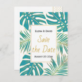 ティール(緑がかった色)、金ゴールド葉熱帯結婚式の日付を保存 案内ポストカード (正面/裏面)