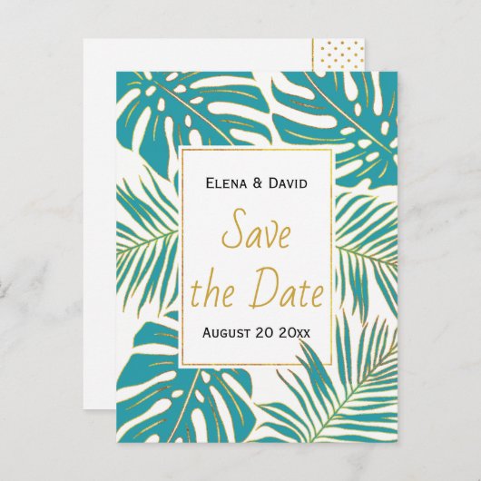 ティール（緑がかった色）、金ゴールド葉熱帯結婚式の日付を保存 案内ポストカード (正面/裏面)