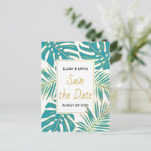 ティール(緑がかった色)、金ゴールド葉熱帯結婚式の日付を保存 案内ポストカード (スタンド正面)