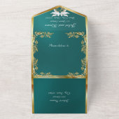 ティール(緑がかった色)、金ゴールド葉、鳩とハート オールインワン招待状 (外側)